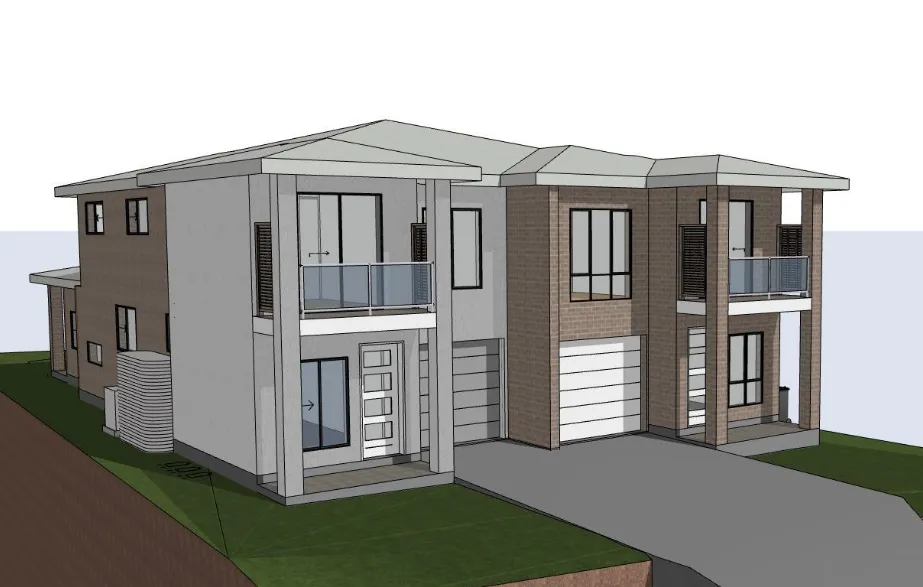 Modern duplex with garages and balconies.