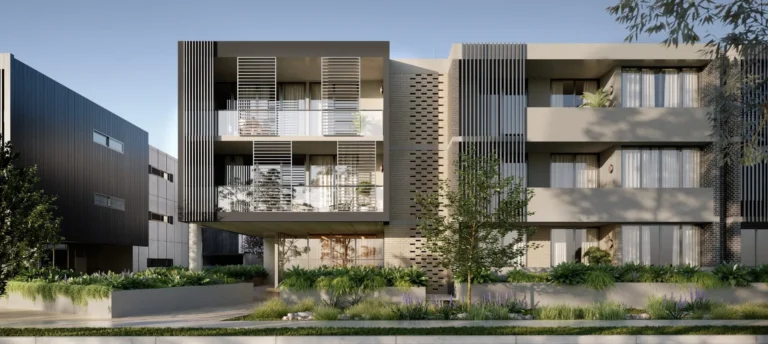 Modern apartment building with landscaped garden