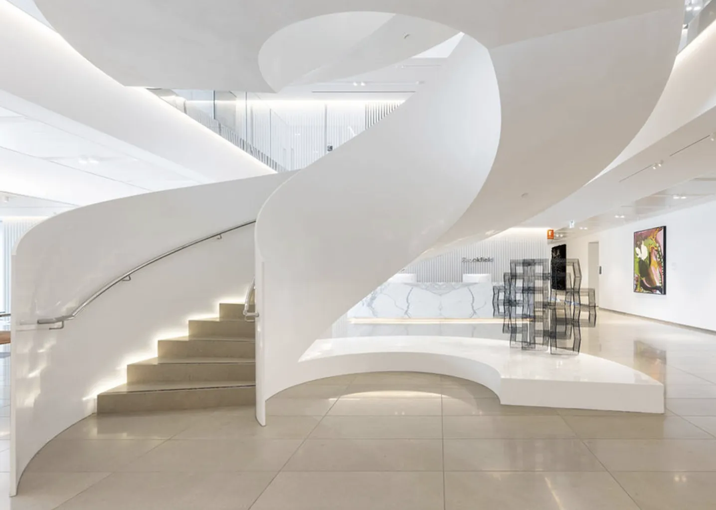 Modern spiral staircase in bright, stylish interior.