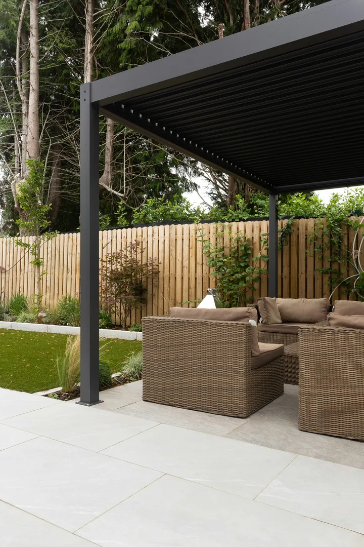Modern patio with pergola and outdoor seating