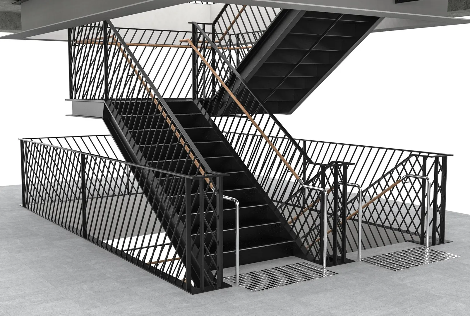 Modern black metal staircase with geometric railings.